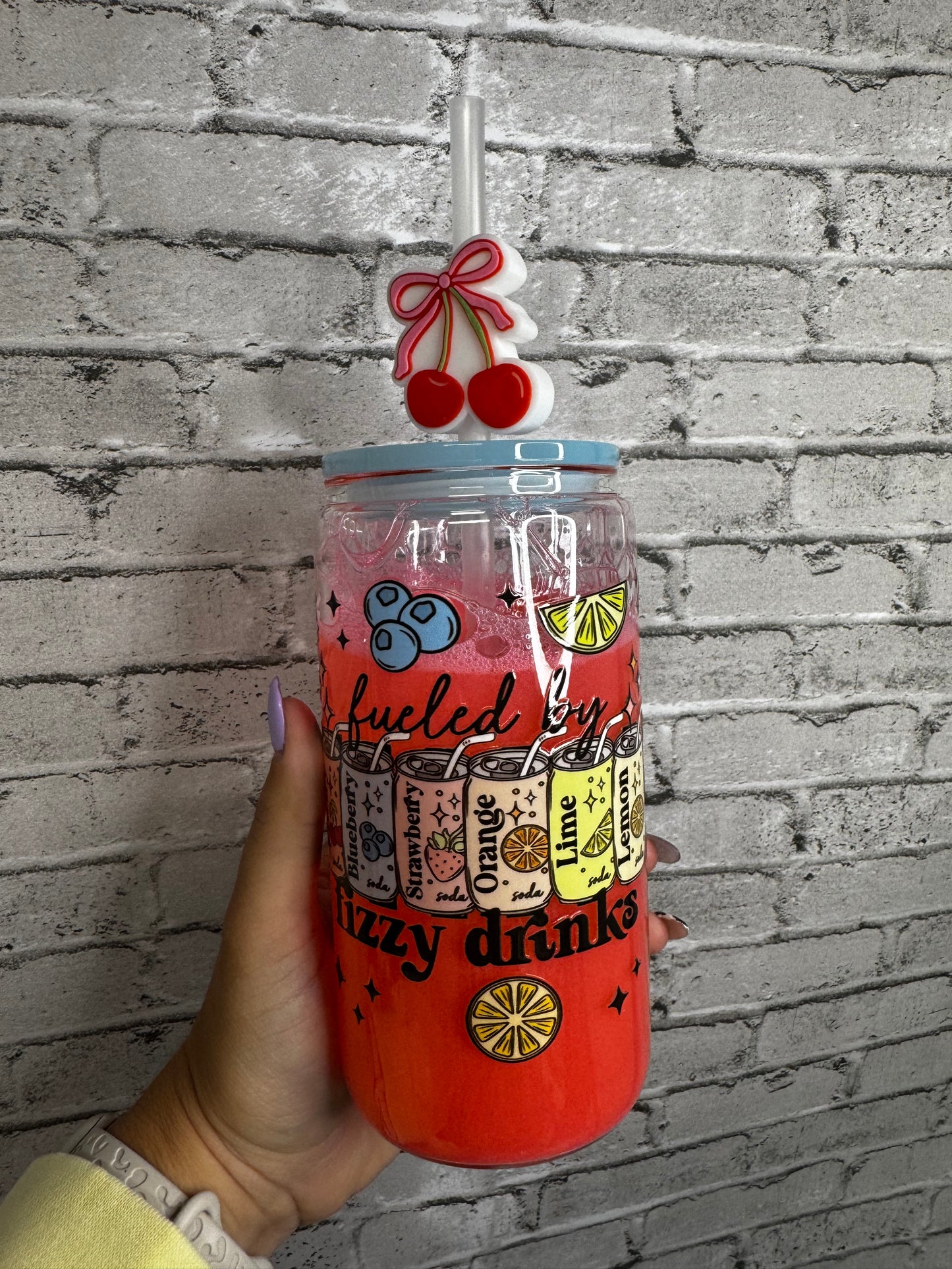 Soda Fizz Fueled By Fizzy Drinks 16 Oz Cup With Cherry Straw Topper