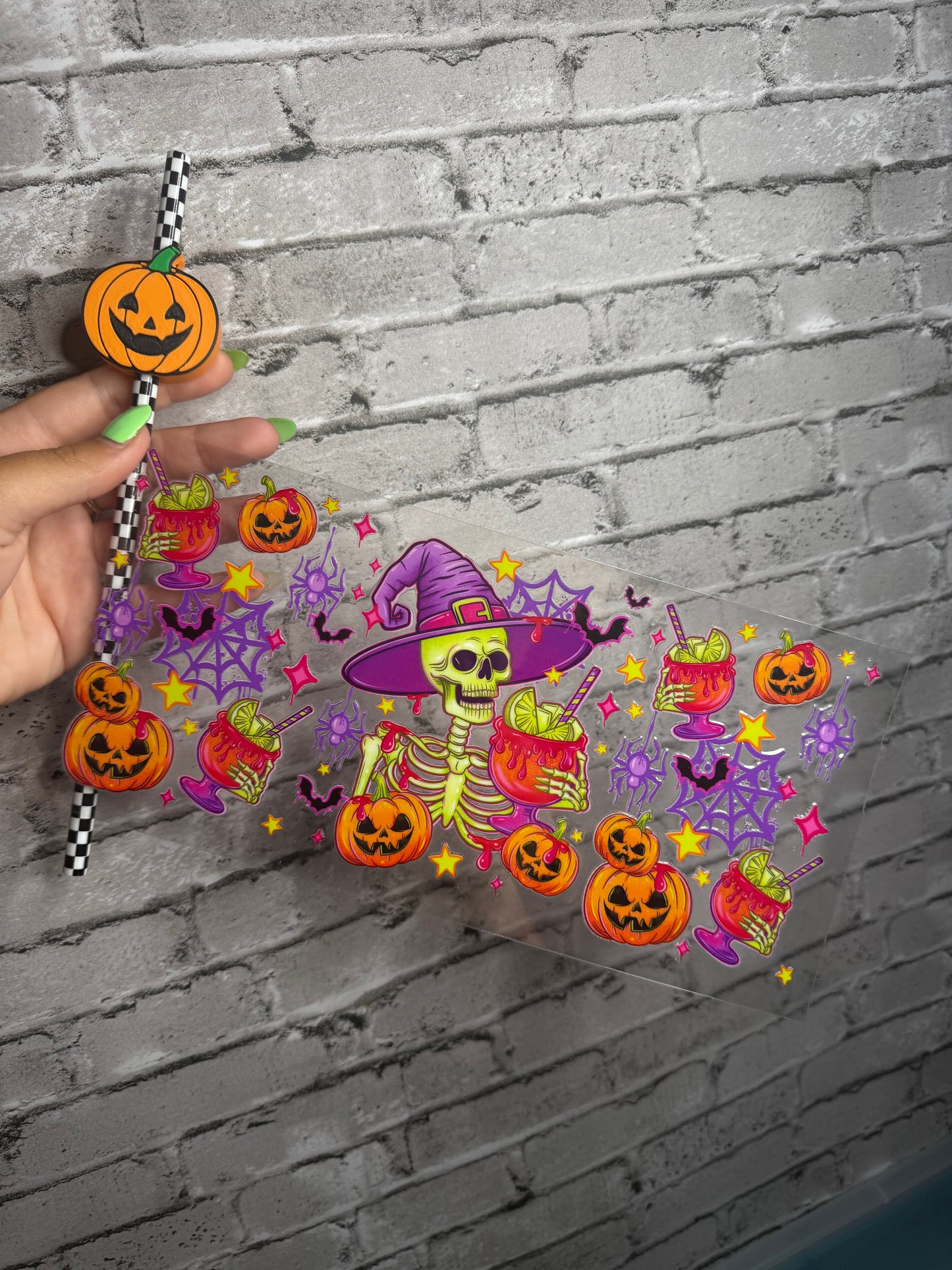 16 OZ SKELLIE WITCH GLASS CUP WITH STRAW TOPPER