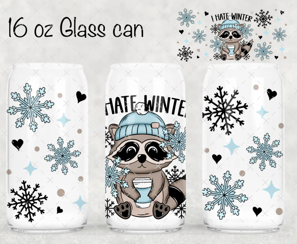 16 OZ RACCOON I HATE WINTER GLASS CUP