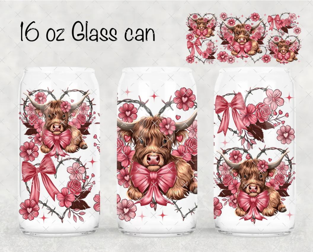 16 OZ FLORAL HIGHLAND COW GLASS CUP