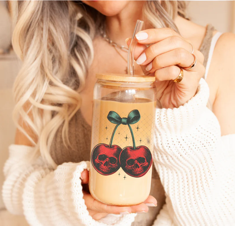 16 OZ SKELLIE CHERRIES GLASS CUP WITH STRAW TOPPER