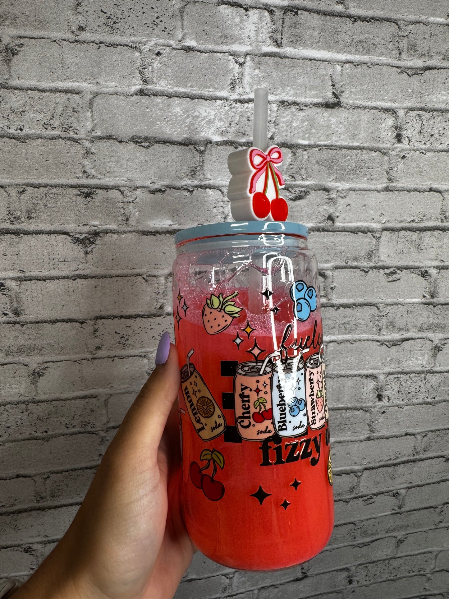 Soda Fizz Fueled By Fizzy Drinks 16 Oz Cup With Cherry Straw Topper