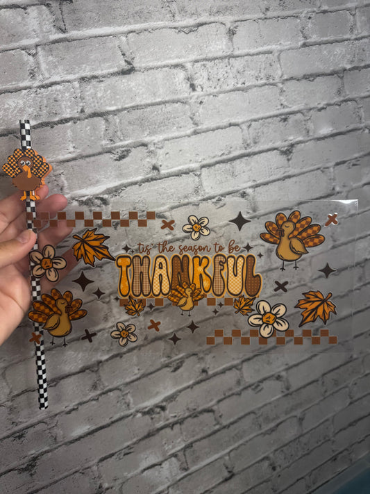 16 OZ THANKFUL TURKEY GLASS CUP WITH STRAW TOPPER