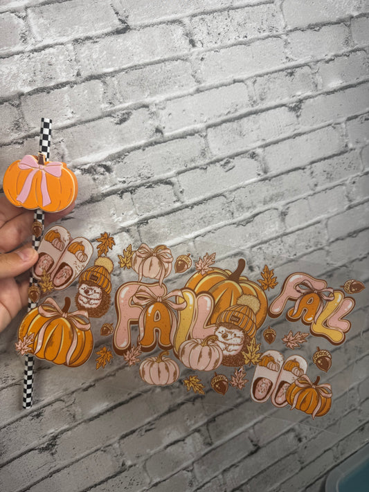 16 OZ FALL COQUETTE BOW GLASS CUP WITH STRAW TOPPER