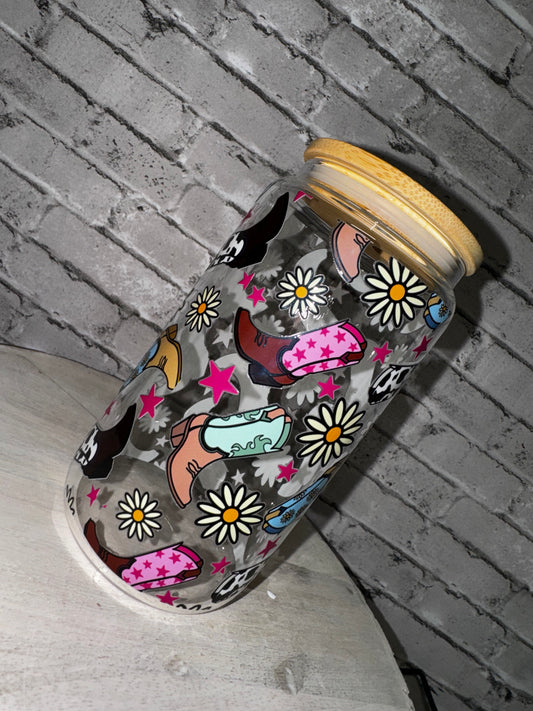 16 OZ BOOTS/FLOWERS GLASS CUP