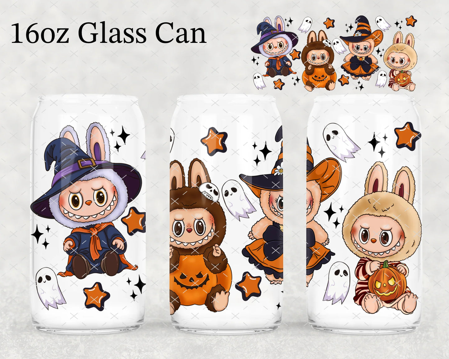 16 OZ SPOOKY LABUBU GLASS CUP WITH STRAW TOPPER