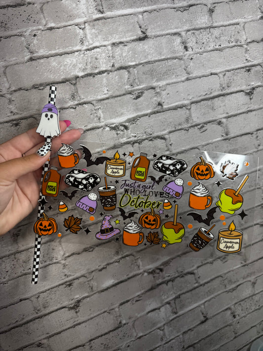 16 OZ LOVES OCTOBER GLASS CUP WITH STRAW TOPPER