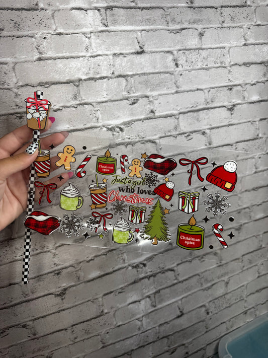16 OZ LOVES CHRISTMAS GLASS CUP WITH STRAW TOPPER