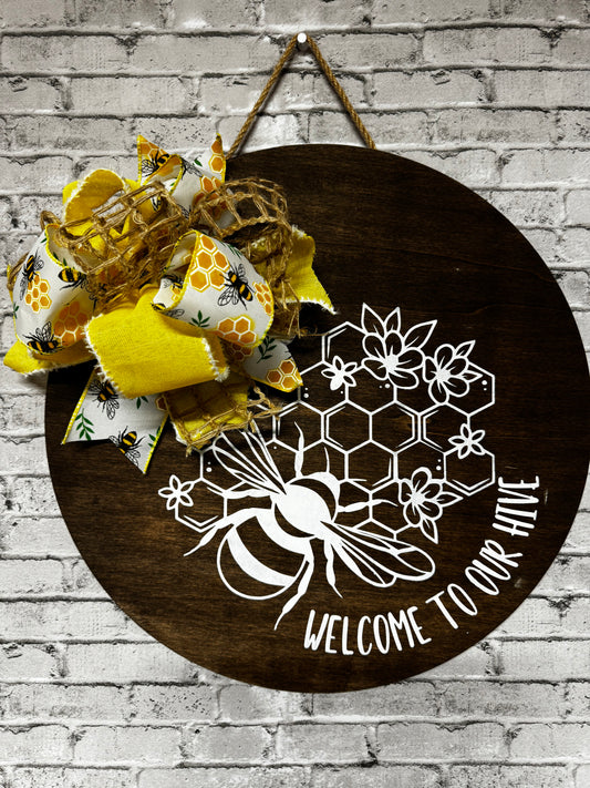 WELCOME TO OUR HIVE WOODEN DOOR HANGER