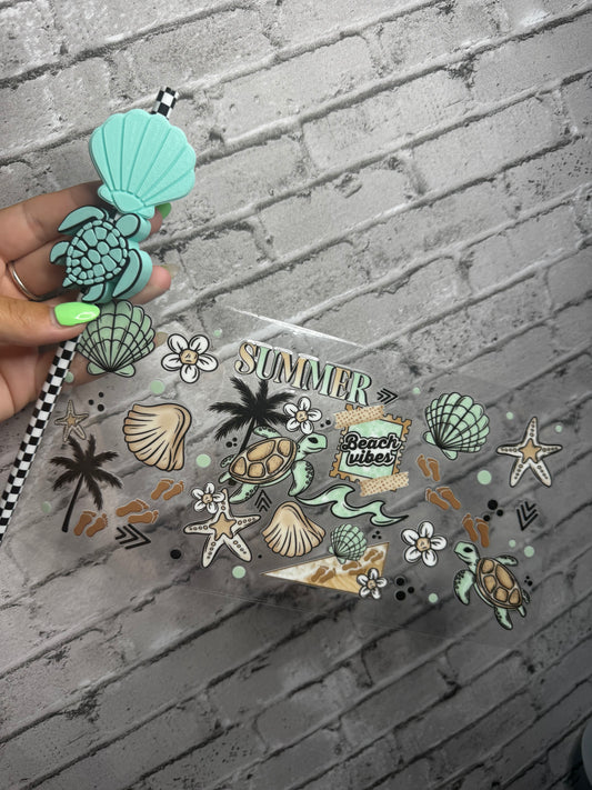 16 OZ SUMMER BEACH VIBES GLASS CUP WITH STRAW TOPPER