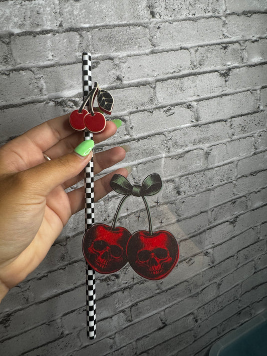 16 OZ SKELLIE CHERRIES GLASS CUP WITH STRAW TOPPER